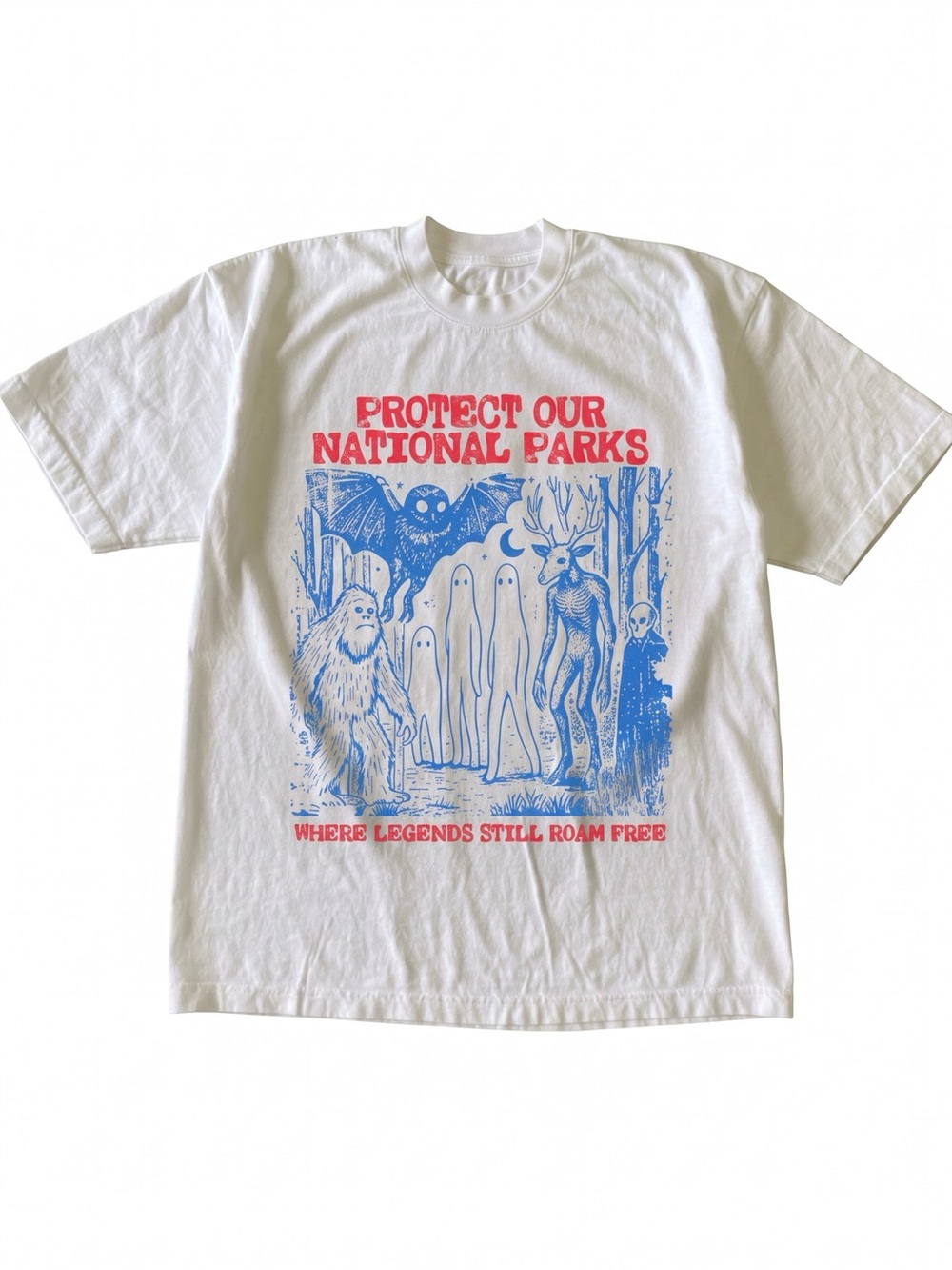 Protect Our National Parks Cryptid Bigfoot Mothman Parody White Graphic T-Shirt